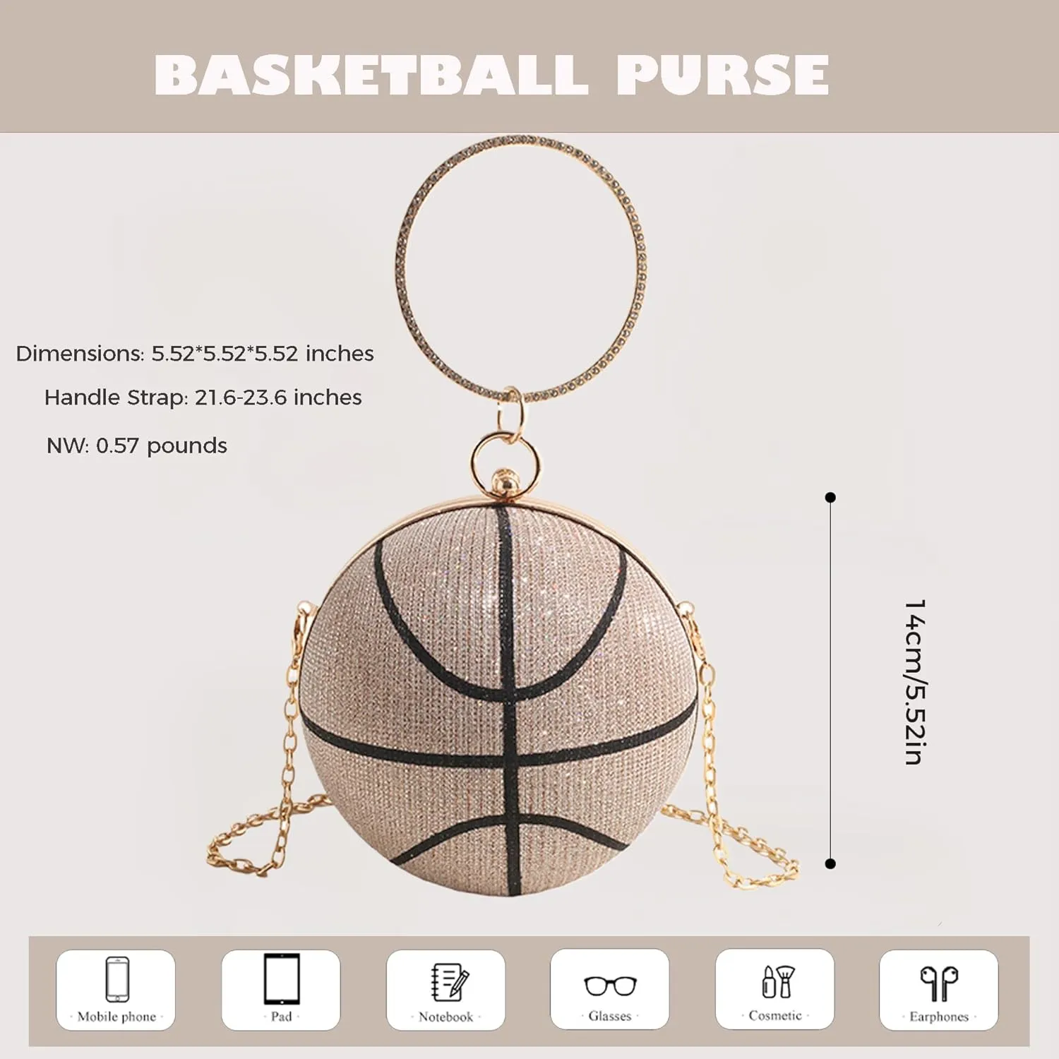Women's Basketball Mini Round Messenger Bag - Diamond-Encrusted Handbag, Stylish Novelty Purse, Unique Design