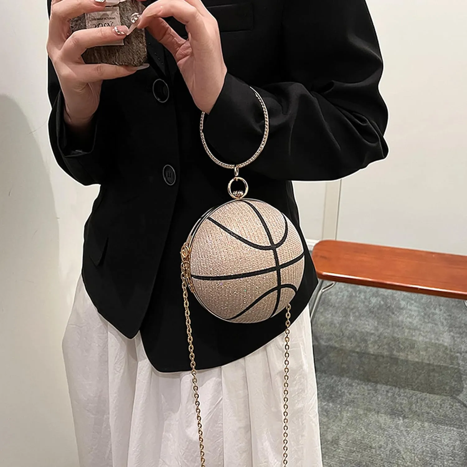 Women's Basketball Mini Round Messenger Bag - Diamond-Encrusted Handbag, Stylish Novelty Purse, Unique Design