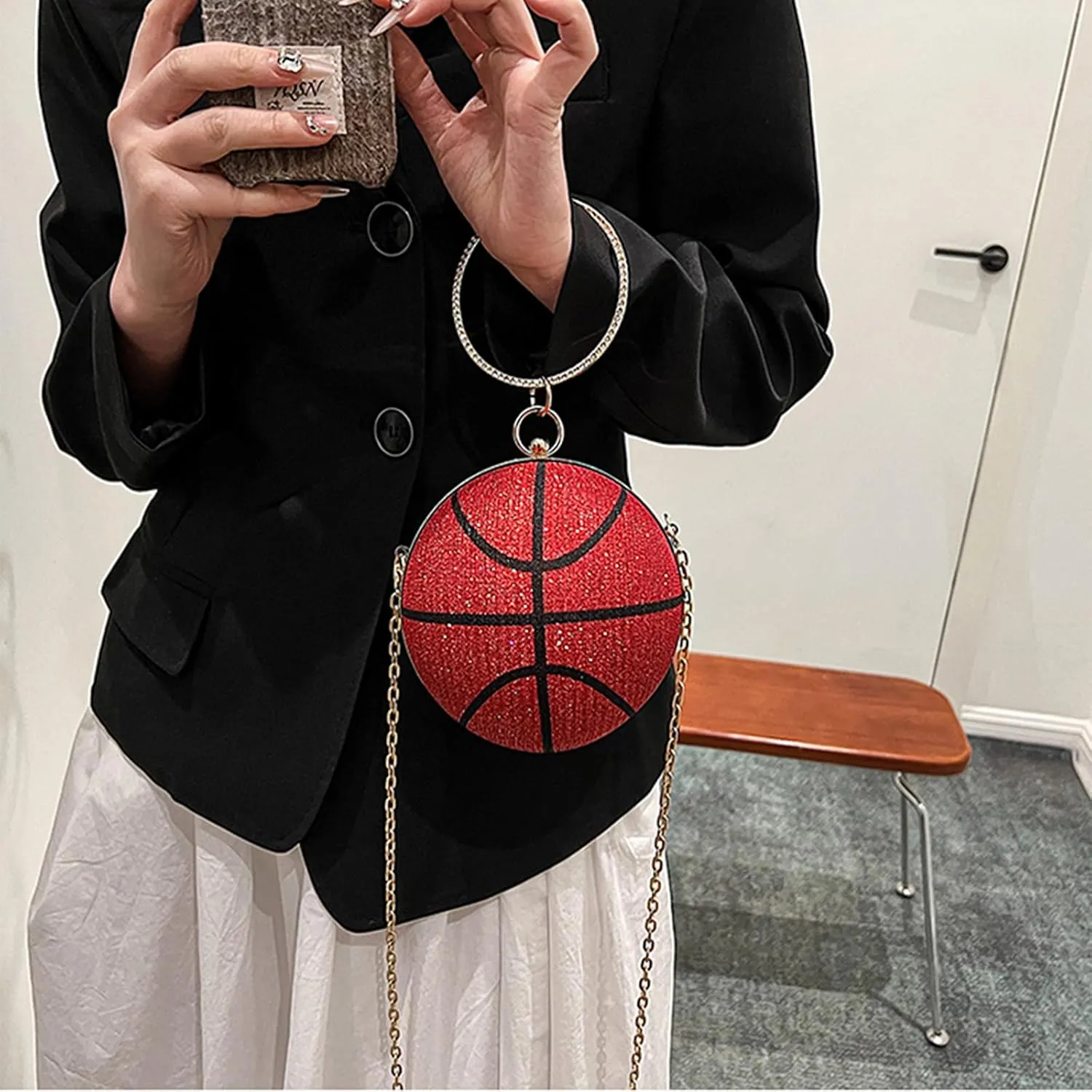 Women's Basketball Mini Round Messenger Bag - Diamond-Encrusted Handbag, Stylish Novelty Purse, Unique Design