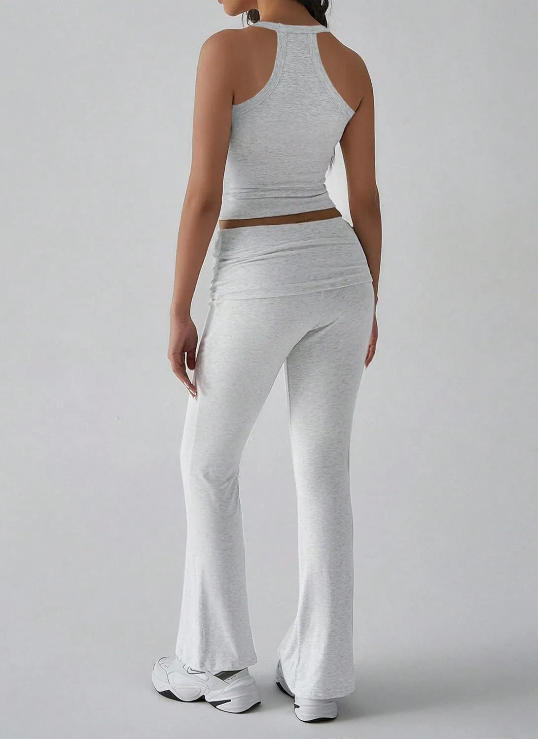 Women's Black U Neck Sleeveless Slim Fit Top and Low Rise Flared Long Pants Two Piece Outfit Y2k Casual Matching Set