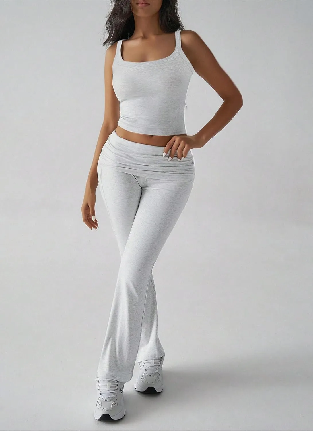 Women's Black U Neck Sleeveless Slim Fit Top and Low Rise Flared Long Pants Two Piece Outfit Y2k Casual Matching Set