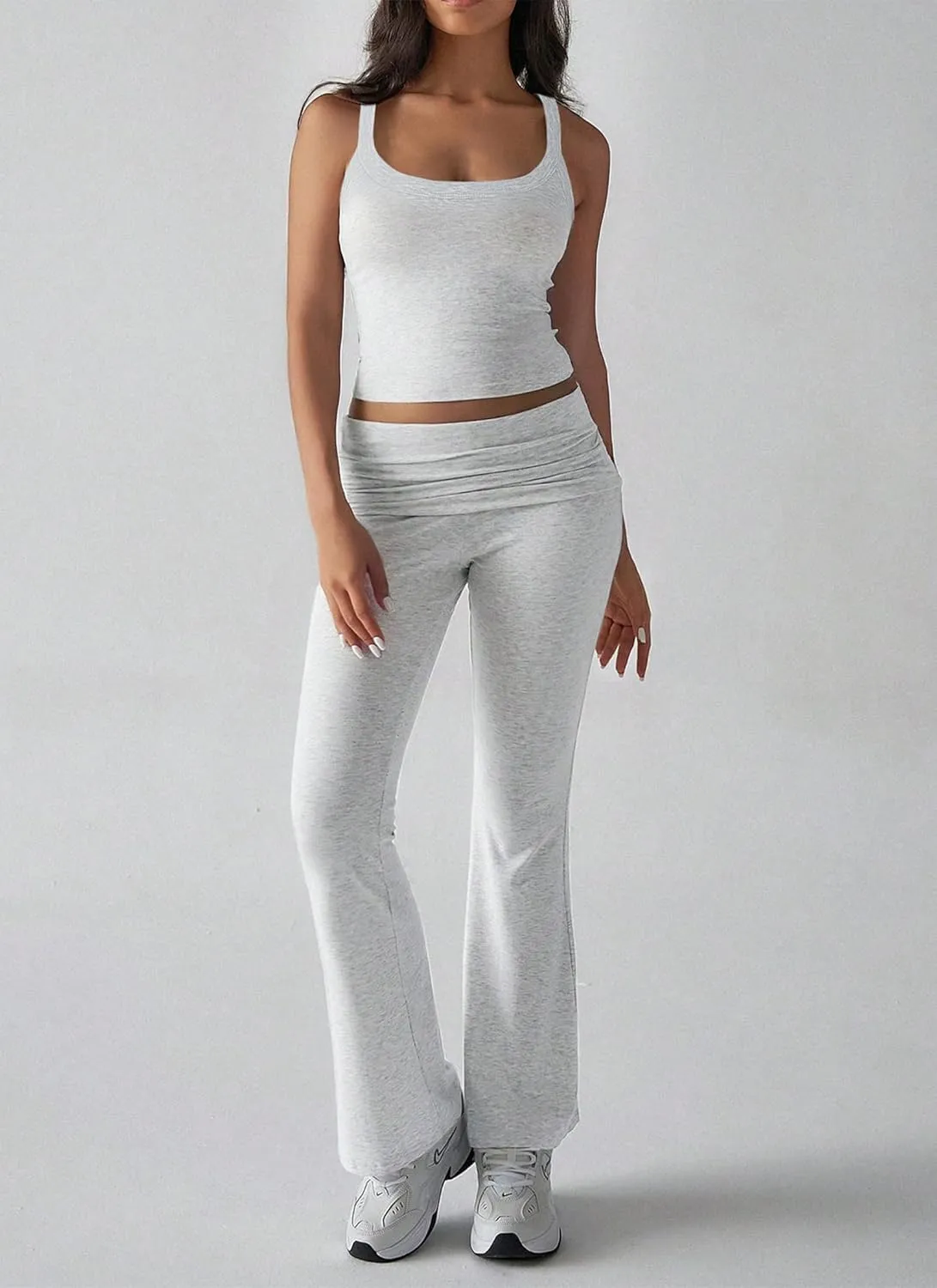 Women's Black U Neck Sleeveless Slim Fit Top and Low Rise Flared Long Pants Two Piece Outfit Y2k Casual Matching Set