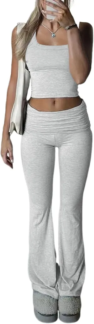 Women's Black U Neck Sleeveless Slim Fit Top and Low Rise Flared Long Pants Two Piece Outfit Y2k Casual Matching Set