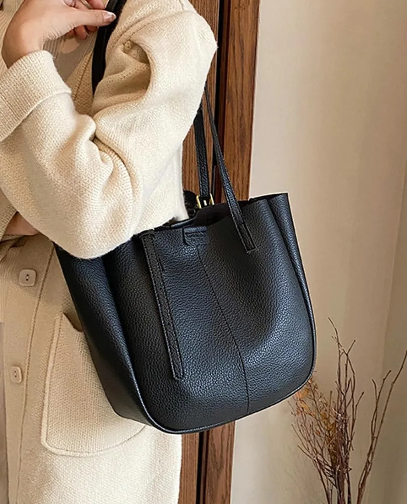 Women's Bucket Shoulder Tote Bags Fashion Large Top Handle Satchel Casual Handbags PU Leather Working Purses 2pcs
