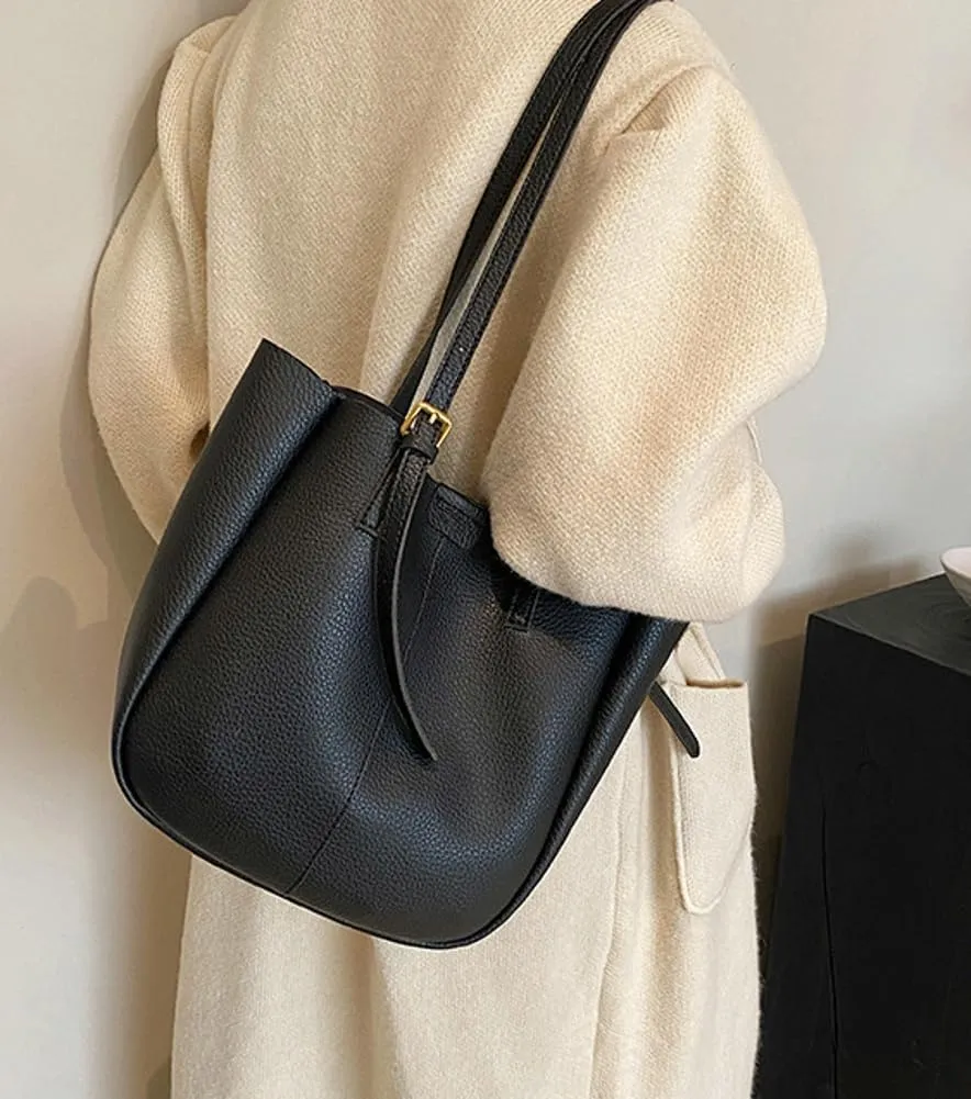 Women's Bucket Shoulder Tote Bags Fashion Large Top Handle Satchel Casual Handbags PU Leather Working Purses 2pcs