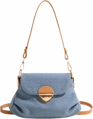 Women's Casual Denim Crossbody Bag with Brown Leather Trim & Versatile Strap
