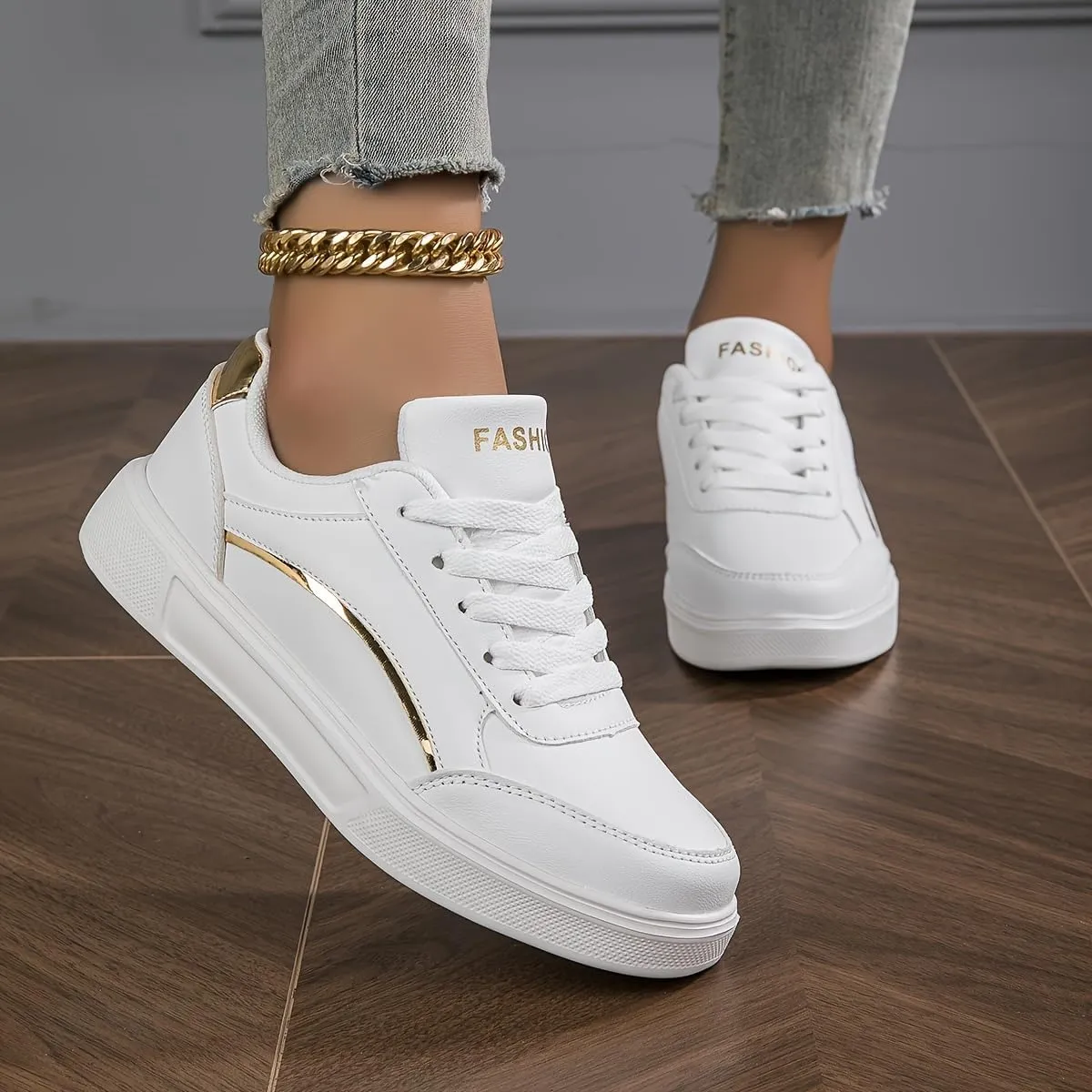 Women's Chic White Sneakers with Golden Accents - Breathable & Waterproof, Low-Top Lace-Up Casual Sports Shoes, Comfortable EVA Sole for All Seasons