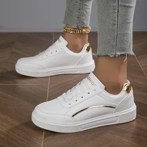 Women's Chic White Sneakers with Golden Accents - Breathable & Waterproof, Low-Top Lace-Up Casual Sports Shoes, Comfortable EVA Sole for All Seasons
