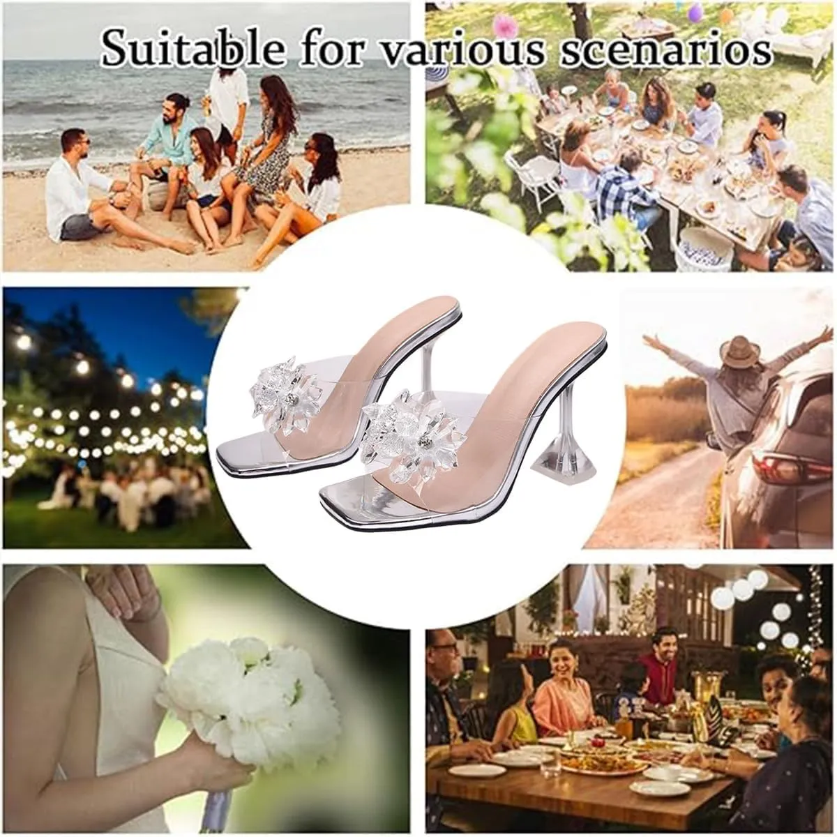 Women's Clear Flower Crystal Stiletto Heel Sandals Fashion Comfortable Square Open Toe Summer Slip On Wine Glasses Heel Dress Slides Sandals for Formal Wedding Party