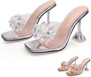 Women's Clear Flower Crystal Stiletto Heel Sandals Fashion Comfortable Square Open Toe Summer Slip On Wine Glasses Heel Dress Slides Sandals for Formal Wedding Party
