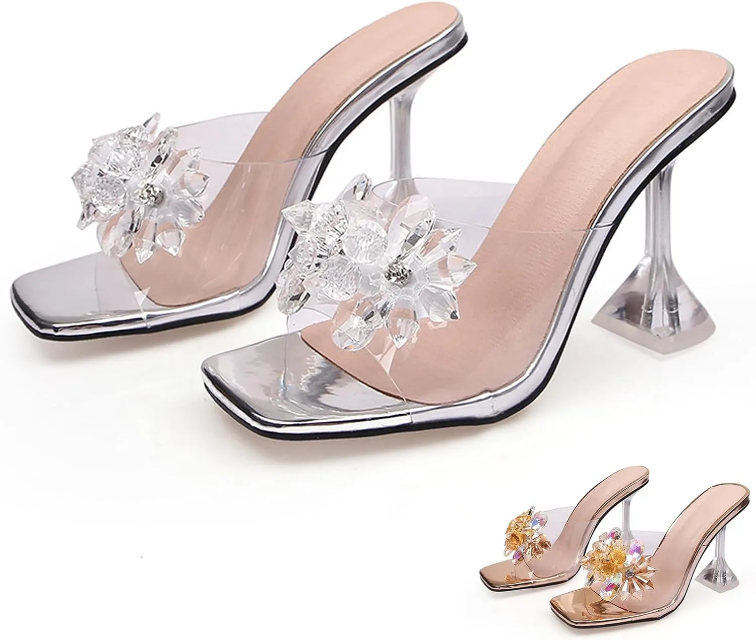 Women's Clear Flower Crystal Stiletto Heel Sandals Fashion Comfortable Square Open Toe Summer Slip On Wine Glasses Heel Dress Slides Sandals for Formal Wedding Party