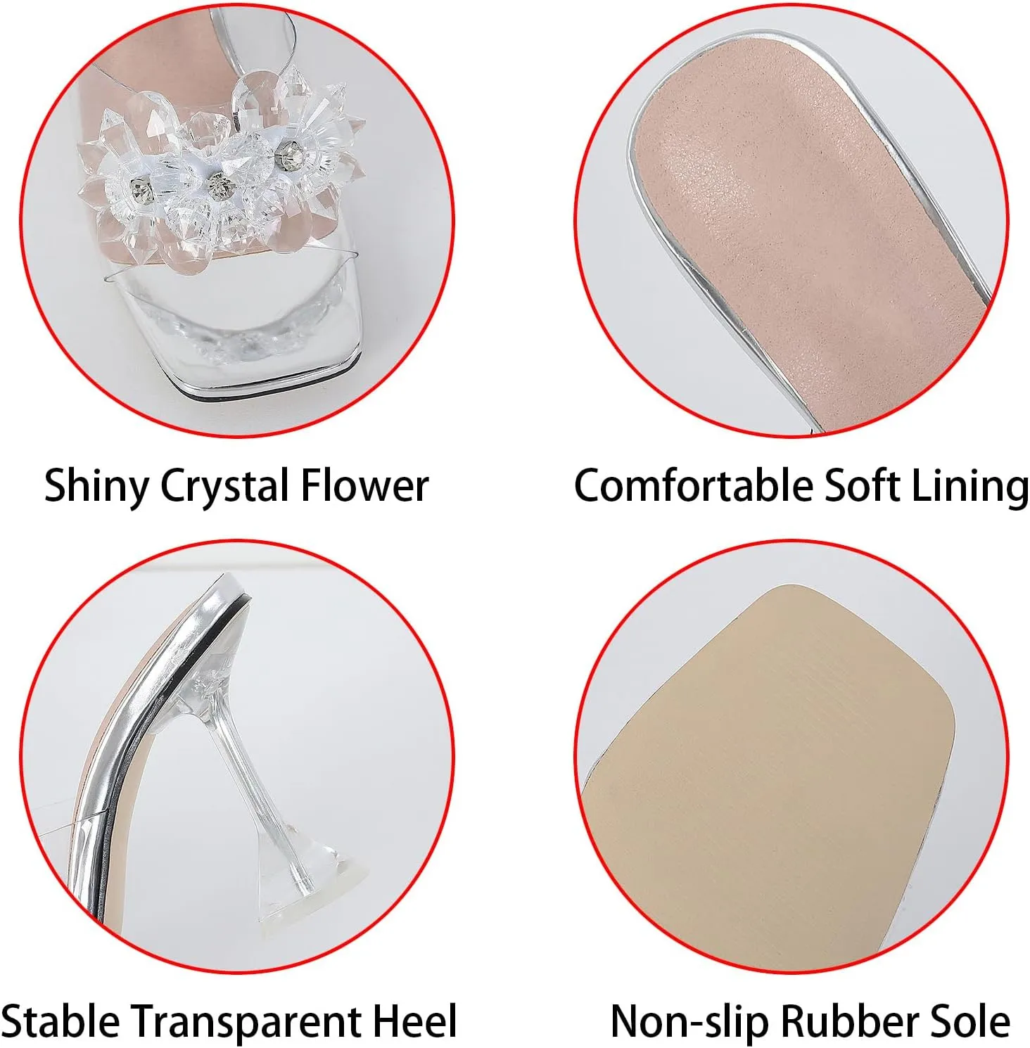 Women's Clear Flower Crystal Stiletto Heel Sandals Fashion Comfortable Square Open Toe Summer Slip On Wine Glasses Heel Dress Slides Sandals for Formal Wedding Party