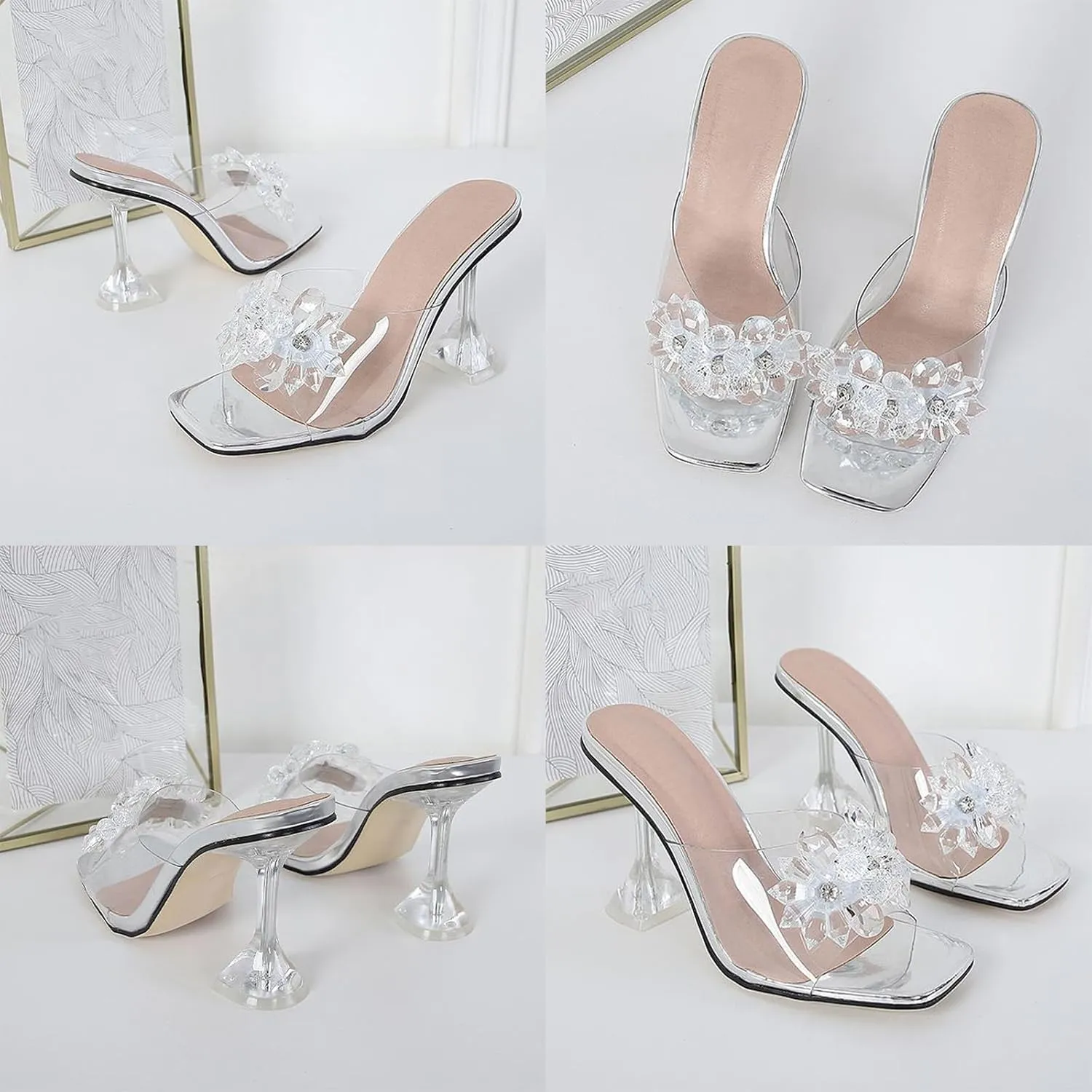 Women's Clear Flower Crystal Stiletto Heel Sandals Fashion Comfortable Square Open Toe Summer Slip On Wine Glasses Heel Dress Slides Sandals for Formal Wedding Party