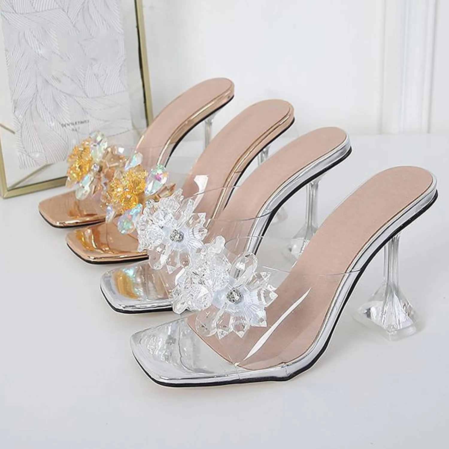 Women's Clear Flower Crystal Stiletto Heel Sandals Fashion Comfortable Square Open Toe Summer Slip On Wine Glasses Heel Dress Slides Sandals for Formal Wedding Party