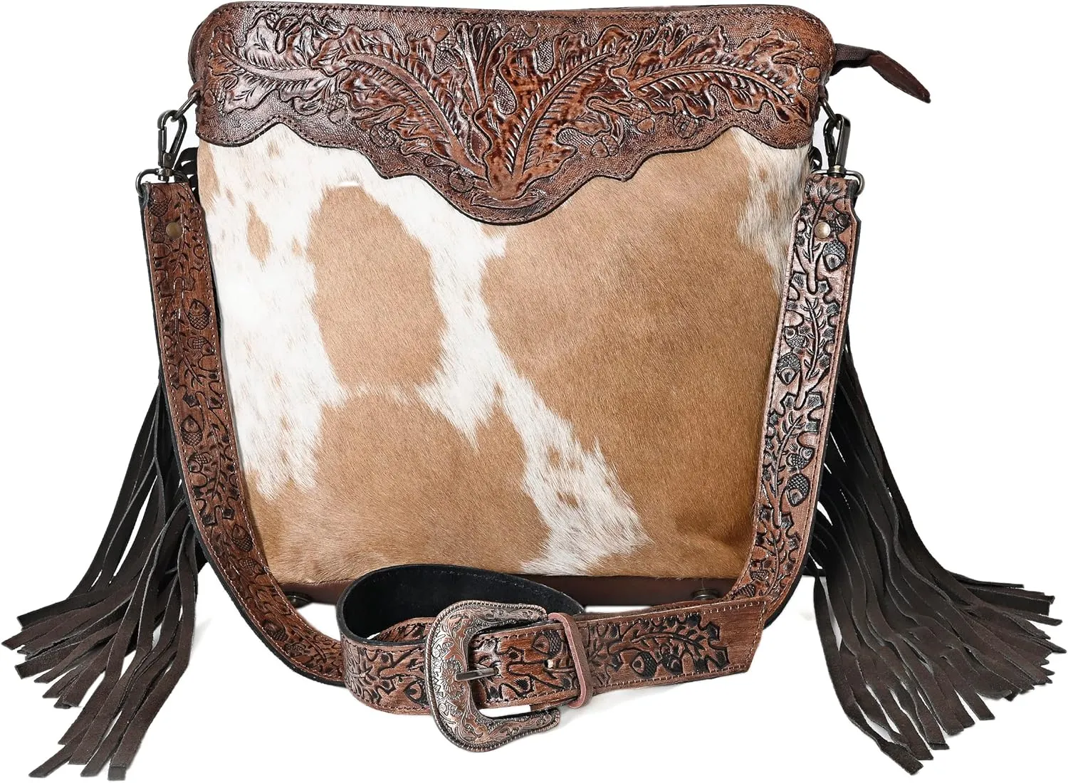 Women’s Cowhide Hairon Leather Crossbody Shoulder Bag with Strap Messenger Style Western Fringe Leather Sling Bag