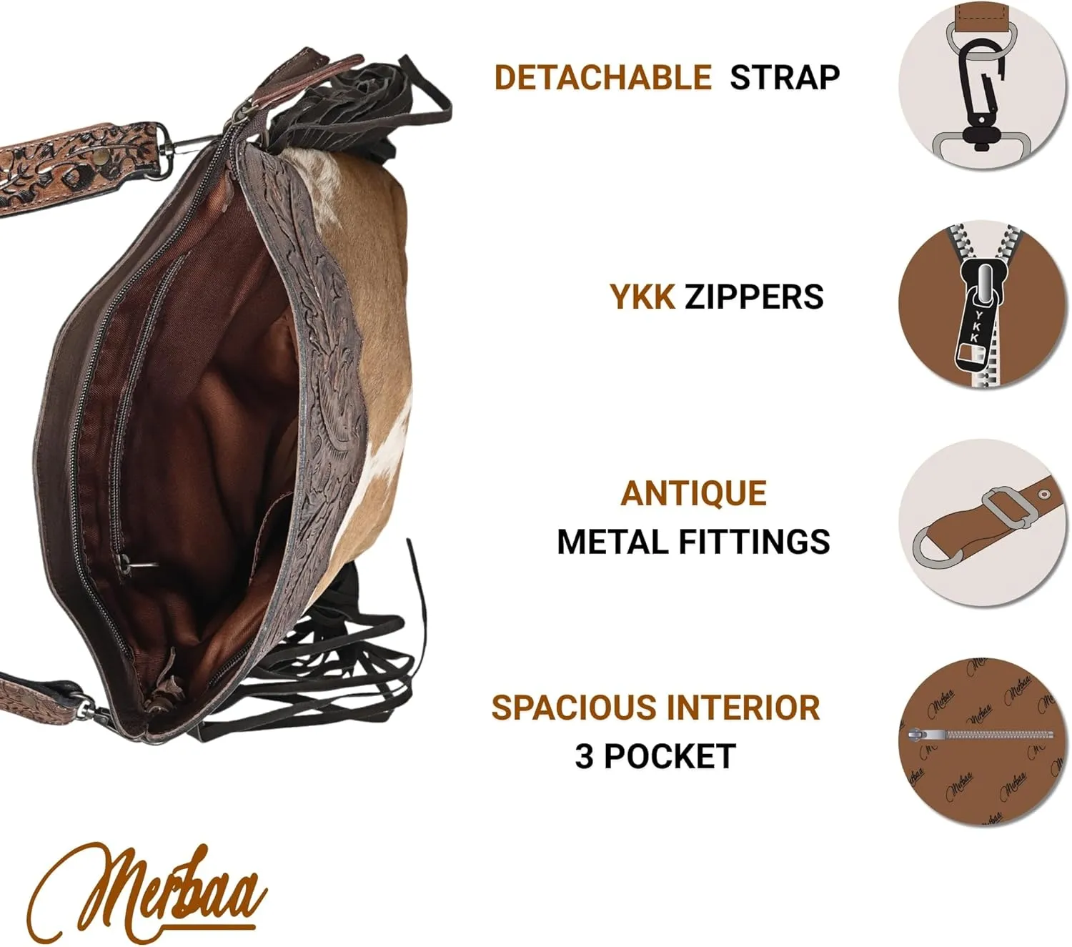 Women’s Cowhide Hairon Leather Crossbody Shoulder Bag with Strap Messenger Style Western Fringe Leather Sling Bag