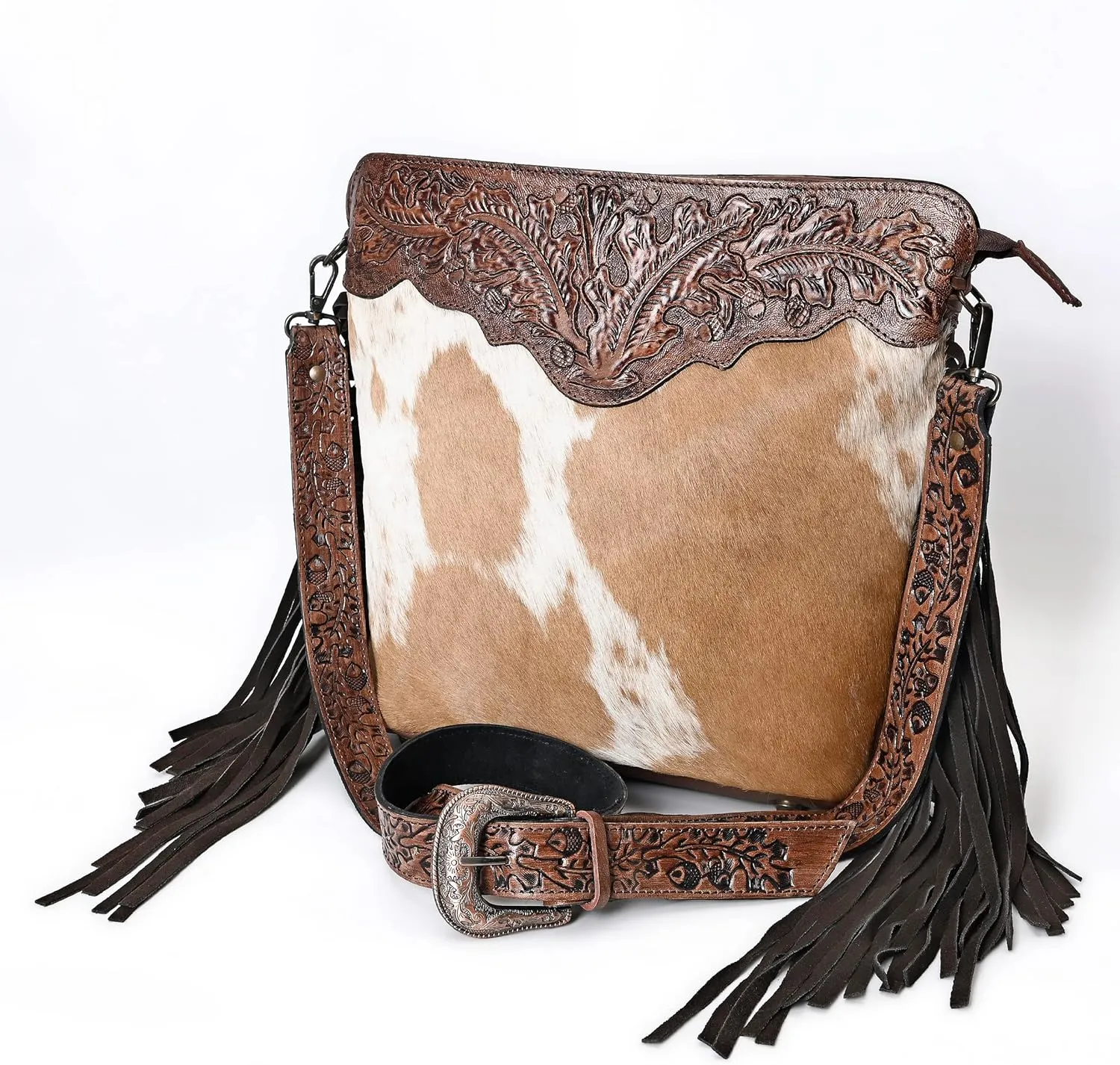 Women’s Cowhide Hairon Leather Crossbody Shoulder Bag with Strap Messenger Style Western Fringe Leather Sling Bag
