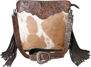 Women’s Cowhide Hairon Leather Crossbody Shoulder Bag with Strap Messenger Style Western Fringe Leather Sling Bag