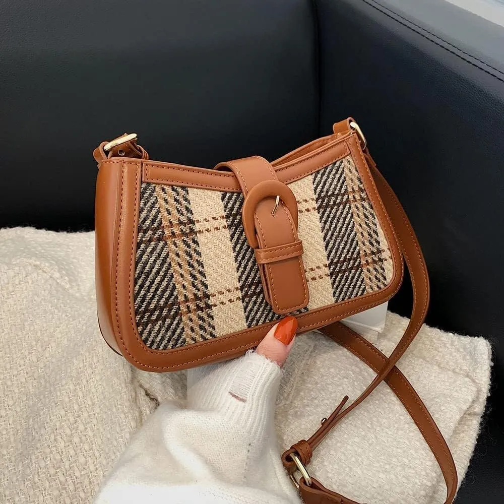Women's Crossbody Bag Contrast Color Plaid Striped Saddle Shoulder Handbag Underarm Satchel Tote Clutch Purse Hobo Bag