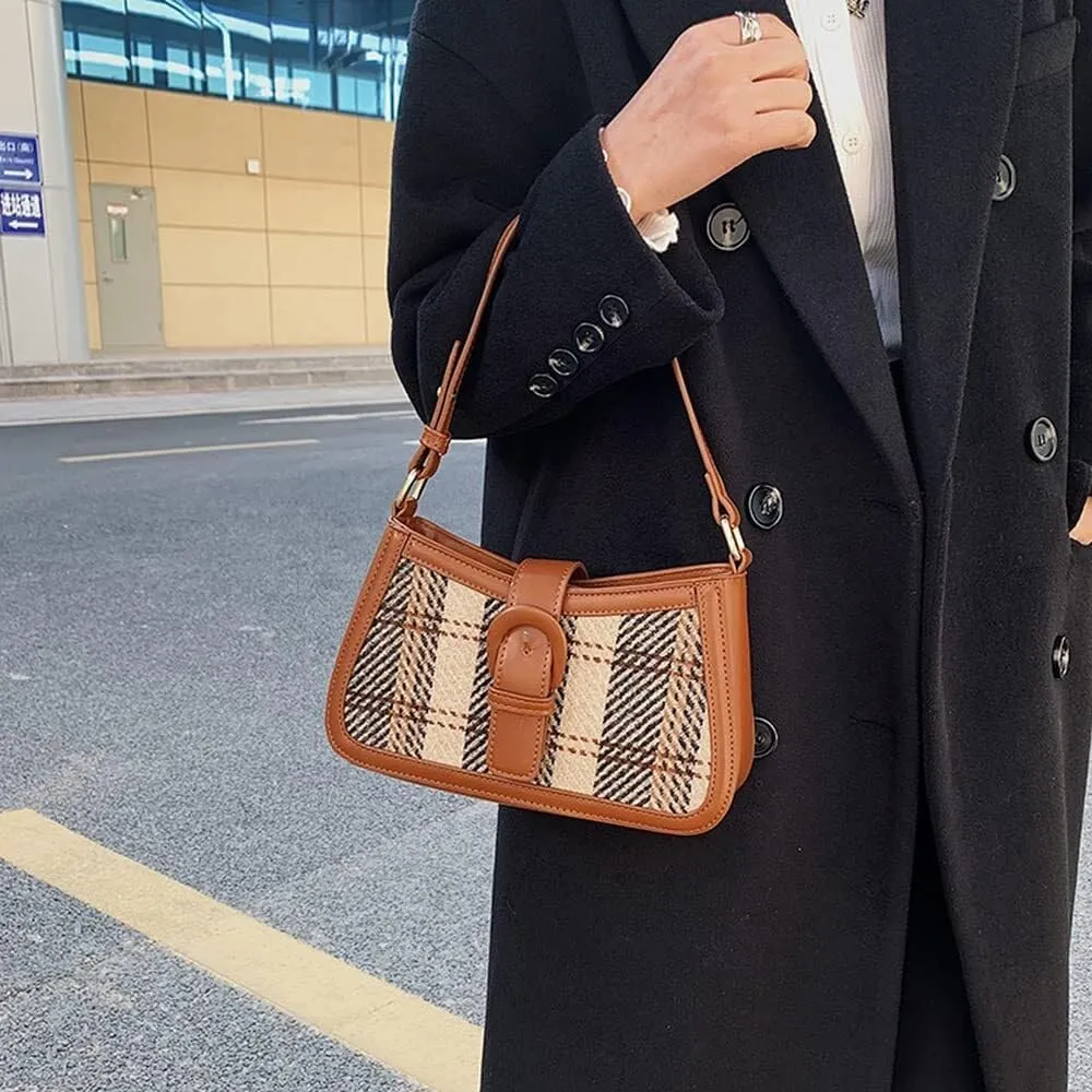 Women's Crossbody Bag Contrast Color Plaid Striped Saddle Shoulder Handbag Underarm Satchel Tote Clutch Purse Hobo Bag