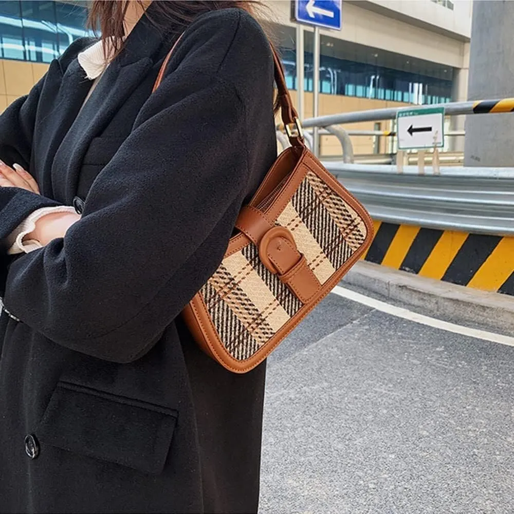 Women's Crossbody Bag Contrast Color Plaid Striped Saddle Shoulder Handbag Underarm Satchel Tote Clutch Purse Hobo Bag