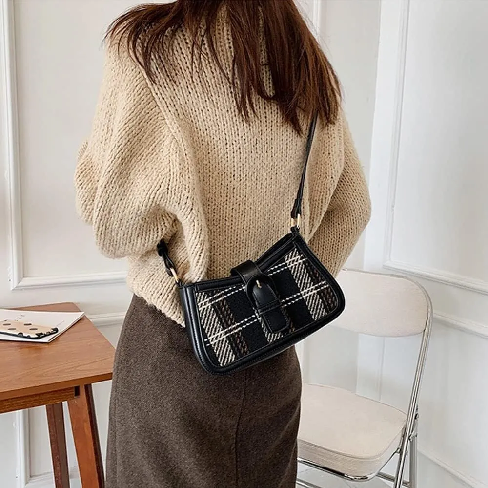 Women's Crossbody Bag Contrast Color Plaid Striped Saddle Shoulder Handbag Underarm Satchel Tote Clutch Purse Hobo Bag