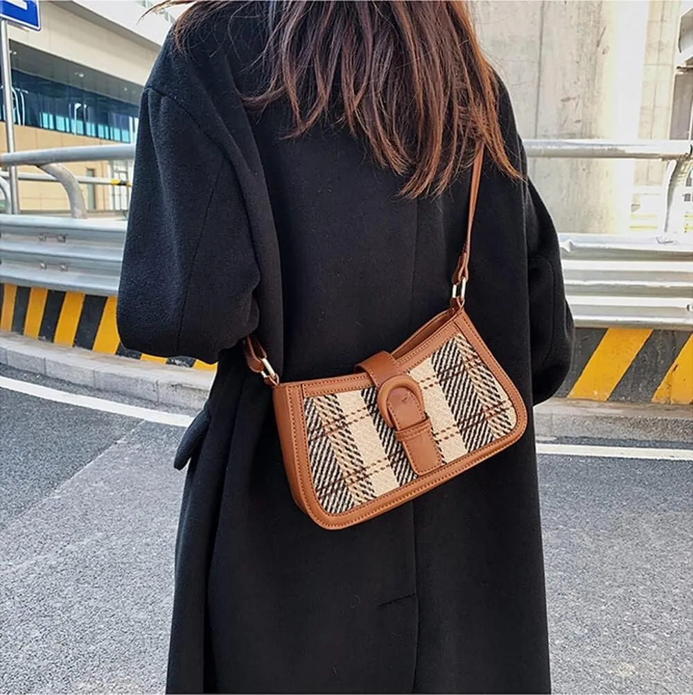 Women's Crossbody Bag Contrast Color Plaid Striped Saddle Shoulder Handbag Underarm Satchel Tote Clutch Purse Hobo Bag