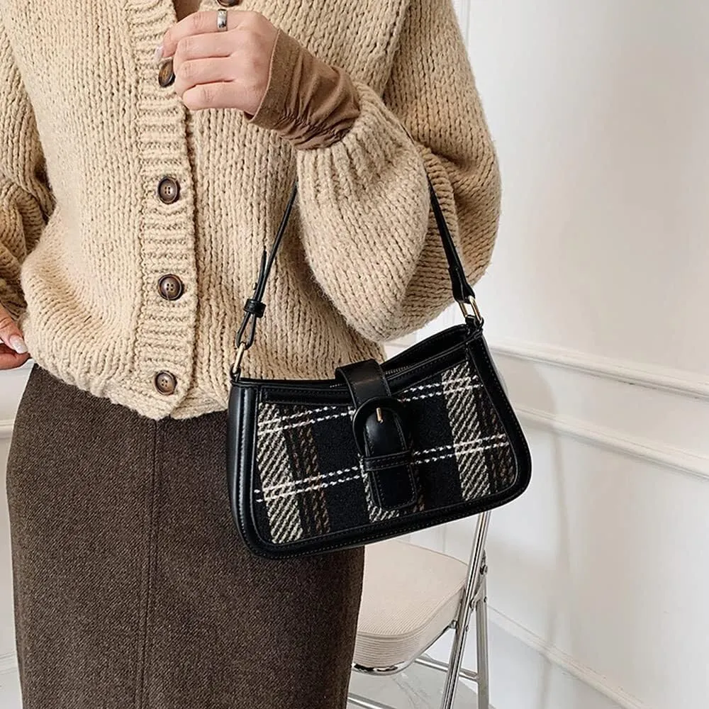 Women's Crossbody Bag Contrast Color Plaid Striped Saddle Shoulder Handbag Underarm Satchel Tote Clutch Purse Hobo Bag