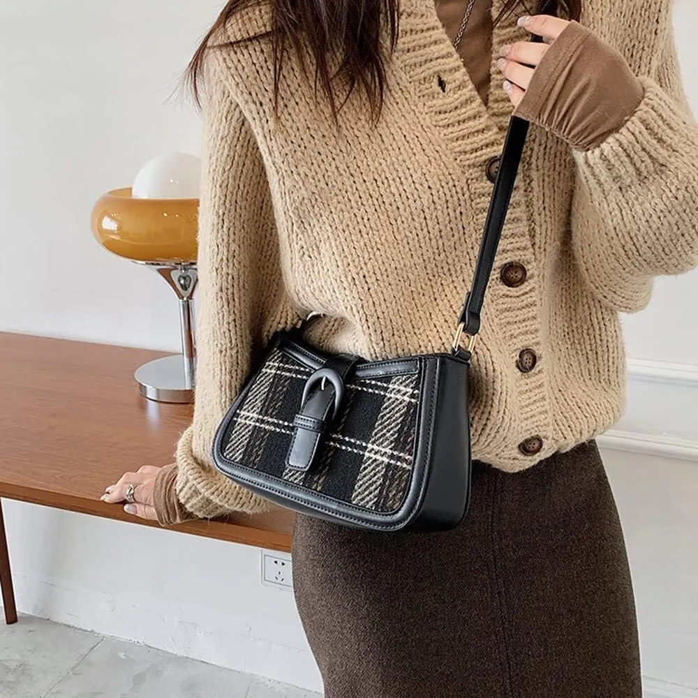 Women's Crossbody Bag Contrast Color Plaid Striped Saddle Shoulder Handbag Underarm Satchel Tote Clutch Purse Hobo Bag