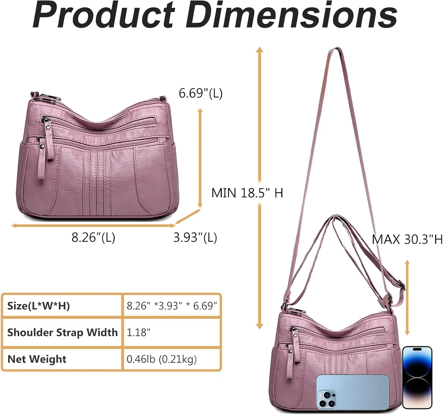 Women's Crossbody Bag Lightweight Shoulder Handbag Soft Washed Leather Purse Adjustable Strap