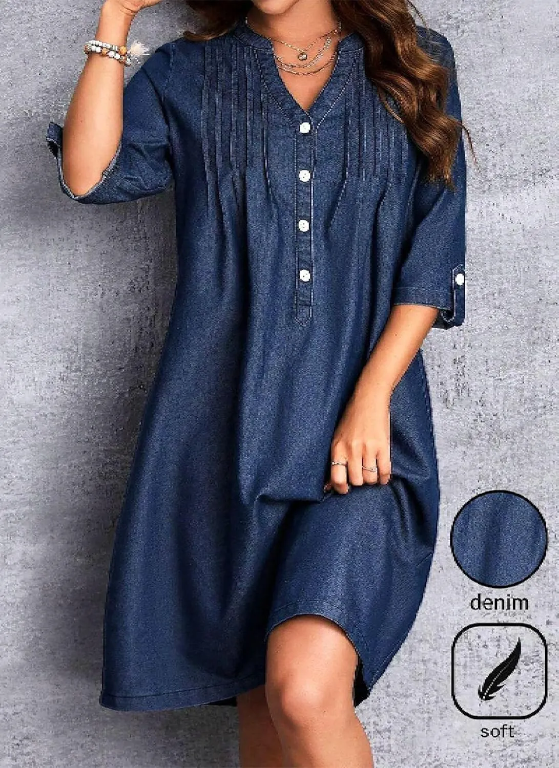 Women's Dark Blue Half Sleeve Plain Shift Mini Dress Elegant Buttons Down Short Dress Summer Formal Denim Jean Outfits