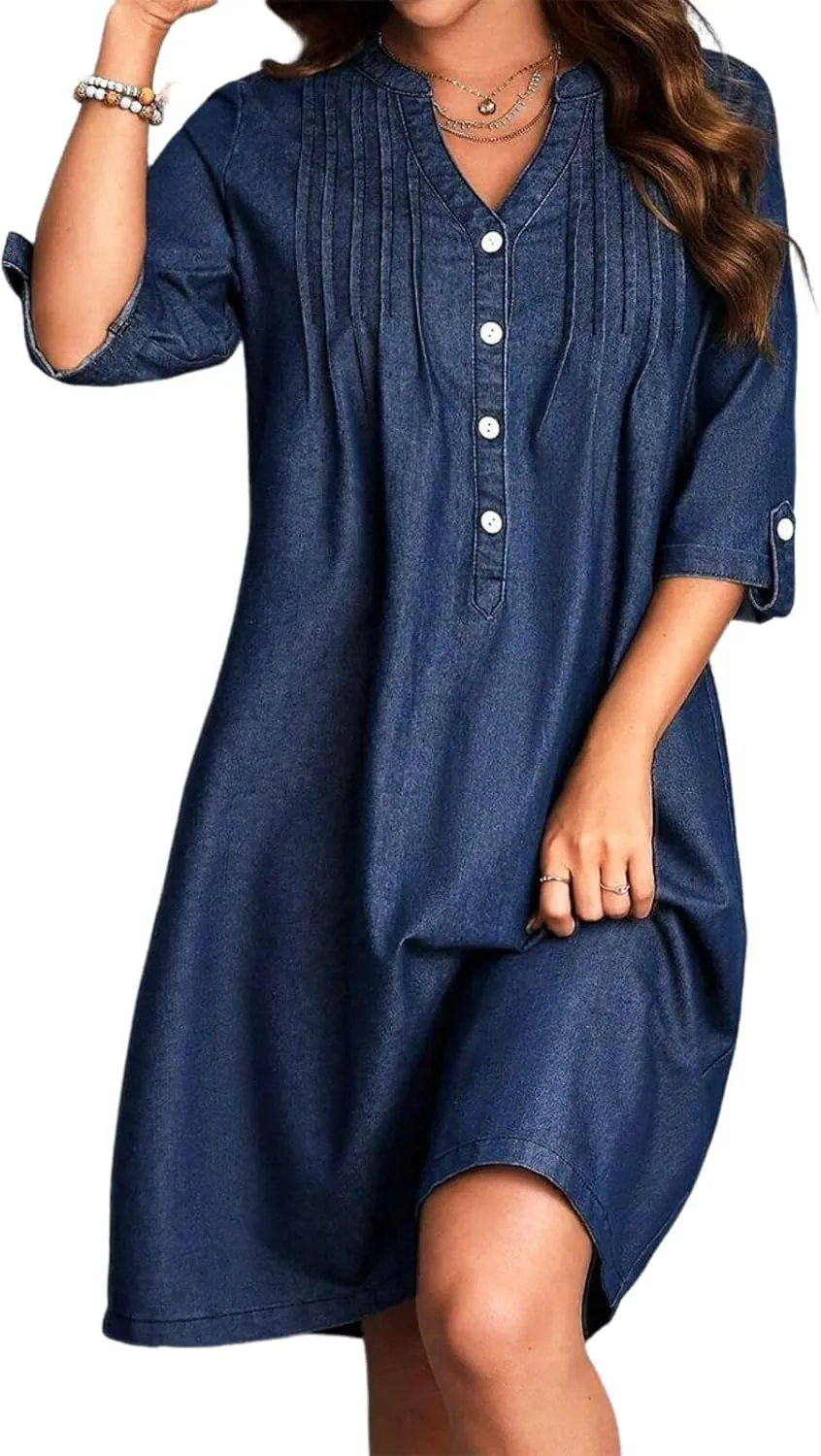 Women's Dark Blue Half Sleeve Plain Shift Mini Dress Elegant Buttons Down Short Dress Summer Formal Denim Jean Outfits