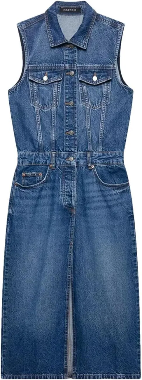 Women's Denim Effect Slim Sleeveless Single-Breasted Design Lapel Split Office Party Dress