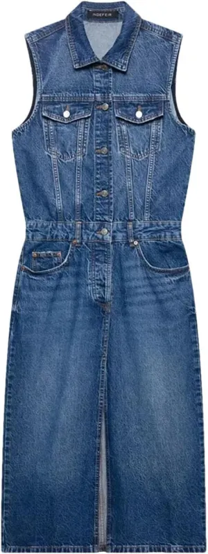 Women's Denim Effect Slim Sleeveless Single-Breasted Design Lapel Split Office Party Dress