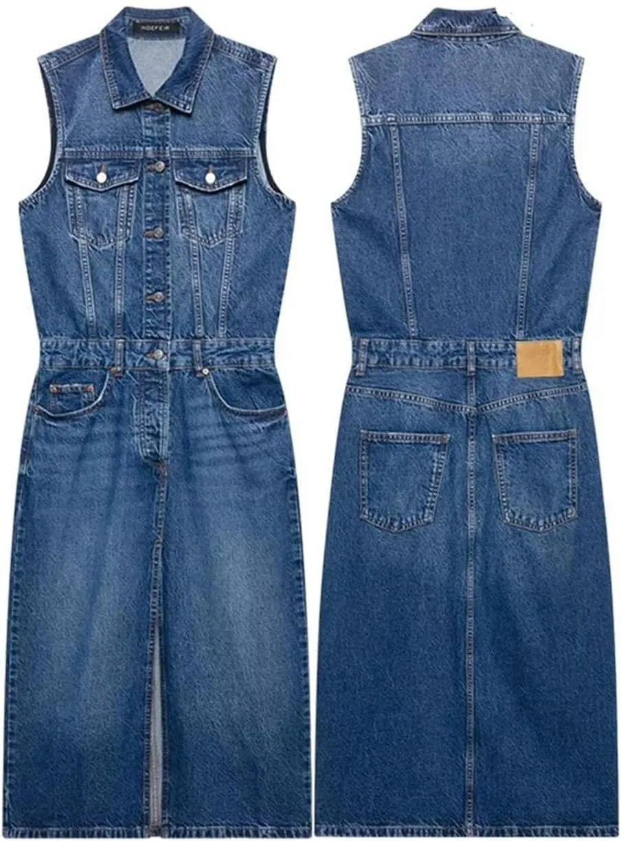 Women's Denim Effect Slim Sleeveless Single-Breasted Design Lapel Split Office Party Dress