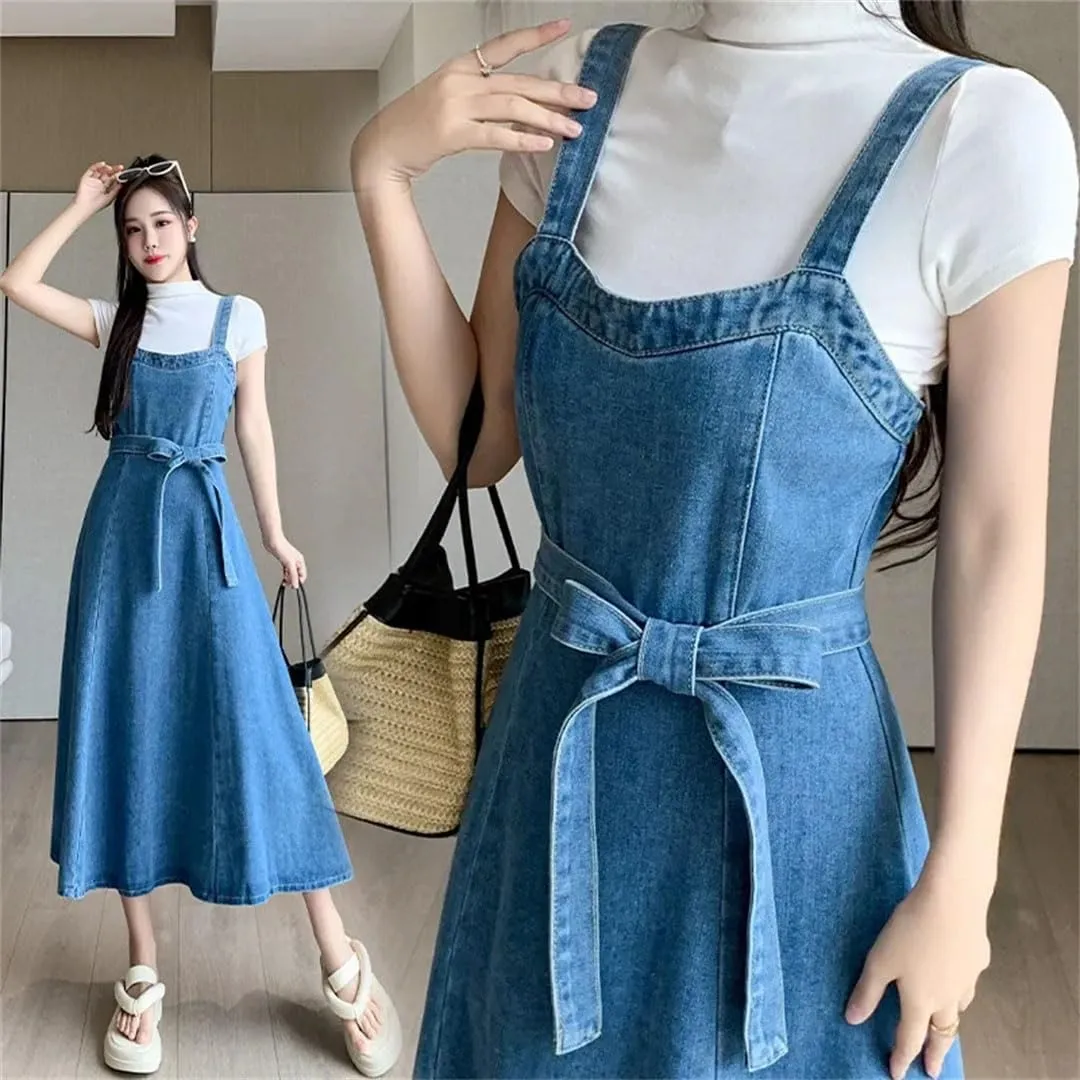 Women's Denim Halter Long Gown Cotton Sleeveless Knee-Length Waistline Dress