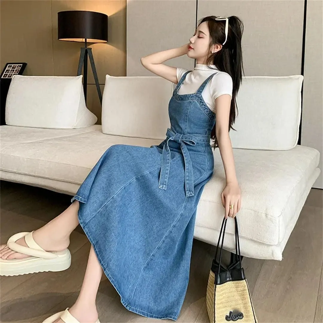 Women's Denim Halter Long Gown Cotton Sleeveless Knee-Length Waistline Dress