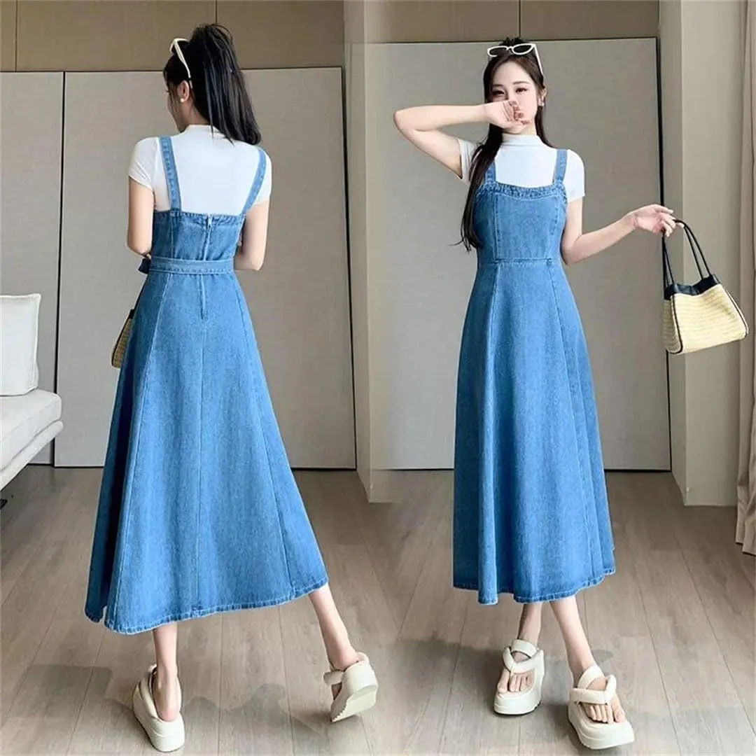 Women's Denim Halter Long Gown Cotton Sleeveless Knee-Length Waistline Dress