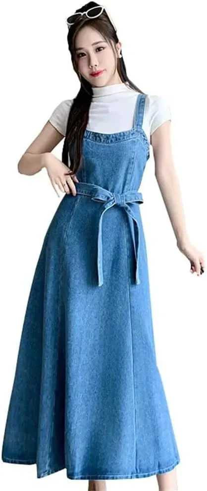 Women's Denim Halter Long Gown Cotton Sleeveless Knee-Length Waistline Dress