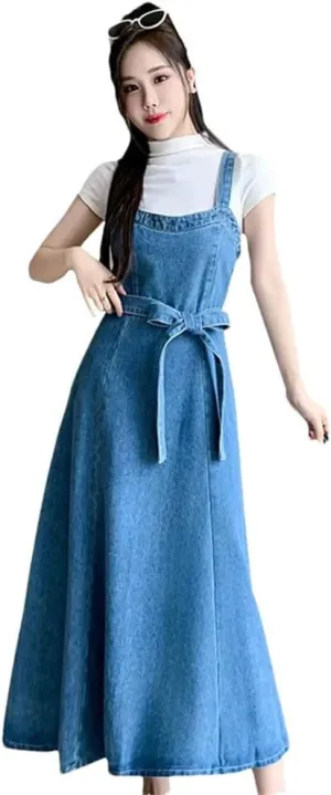 Women's Denim Halter Long Gown Cotton Sleeveless Knee-Length Waistline Dress