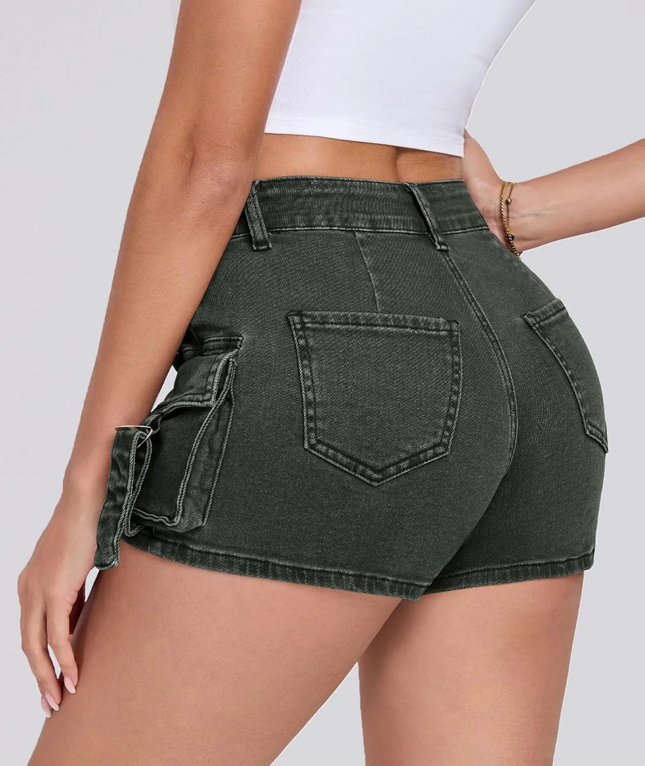 Women's Denim Mini Cargo Shorts Casual Mid Rise High Stretchy Jean Shorts Sexy Booty Shorts with Pockets Y2K