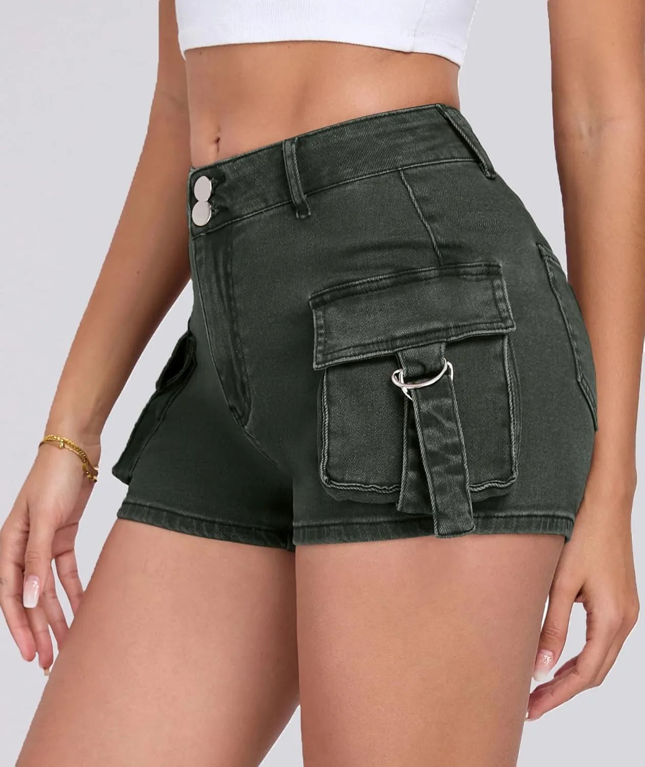 Women's Denim Mini Cargo Shorts Casual Mid Rise High Stretchy Jean Shorts Sexy Booty Shorts with Pockets Y2K