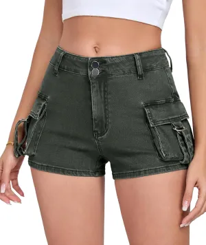 Women's Denim Mini Cargo Shorts Casual Mid Rise High Stretchy Jean Shorts Sexy Booty Shorts with Pockets Y2K