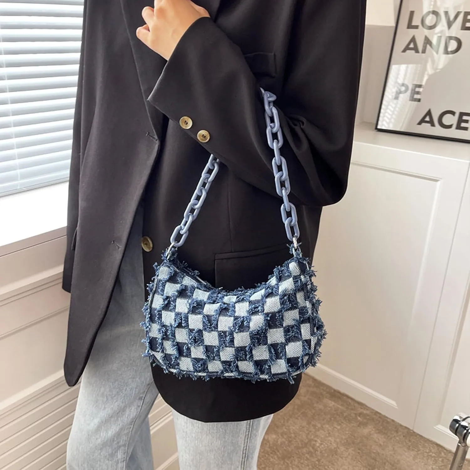 Women's Denim Plaid Shoulder Bags Small Fashion Underarm Purse Handbag Casual Retro Work Crossbody Bag (Dark Blue)