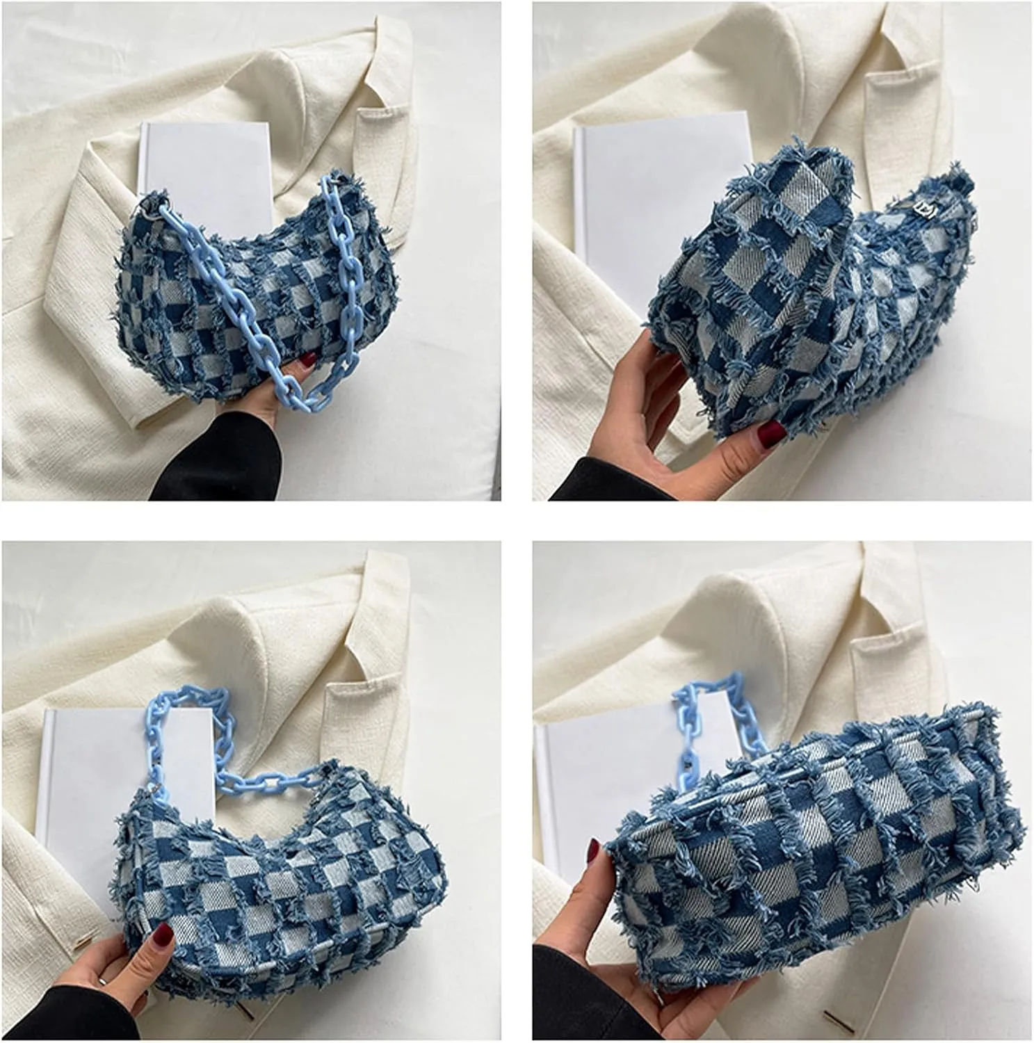Women's Denim Plaid Shoulder Bags Small Fashion Underarm Purse Handbag Casual Retro Work Crossbody Bag (Dark Blue)