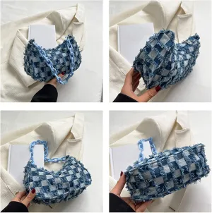 Women's Denim Plaid Shoulder Bags Small Fashion Underarm Purse Handbag Casual Retro Work Crossbody Bag (Dark Blue)