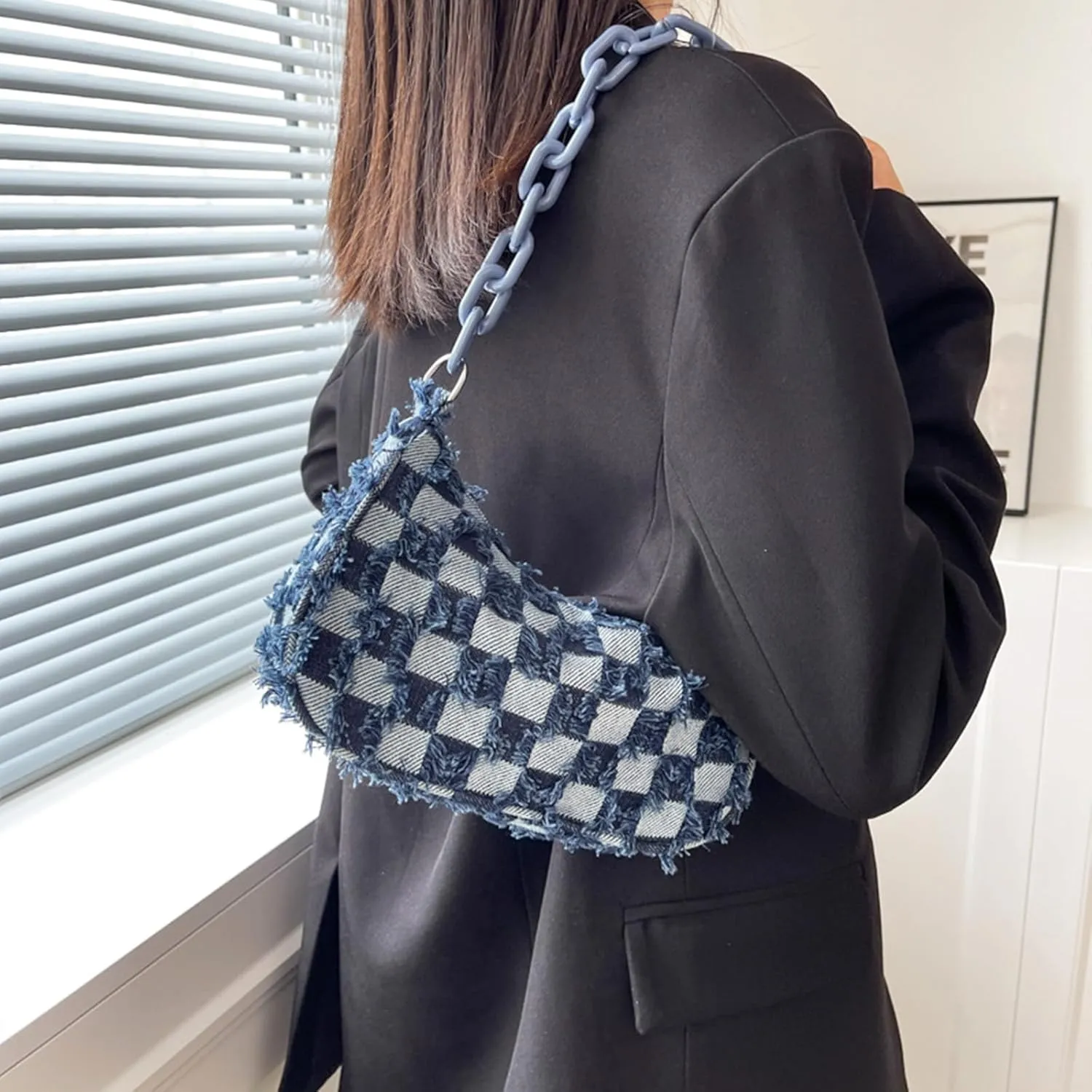 Women's Denim Plaid Shoulder Bags Small Fashion Underarm Purse Handbag Casual Retro Work Crossbody Bag (Dark Blue)