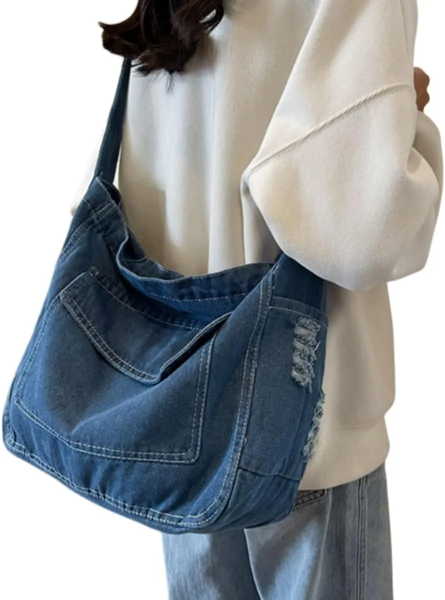 Womens Denim Shoulder Purses and Handbags, Casual Messenger Bag Tote Crossbody Purse Daily Hobo Bag