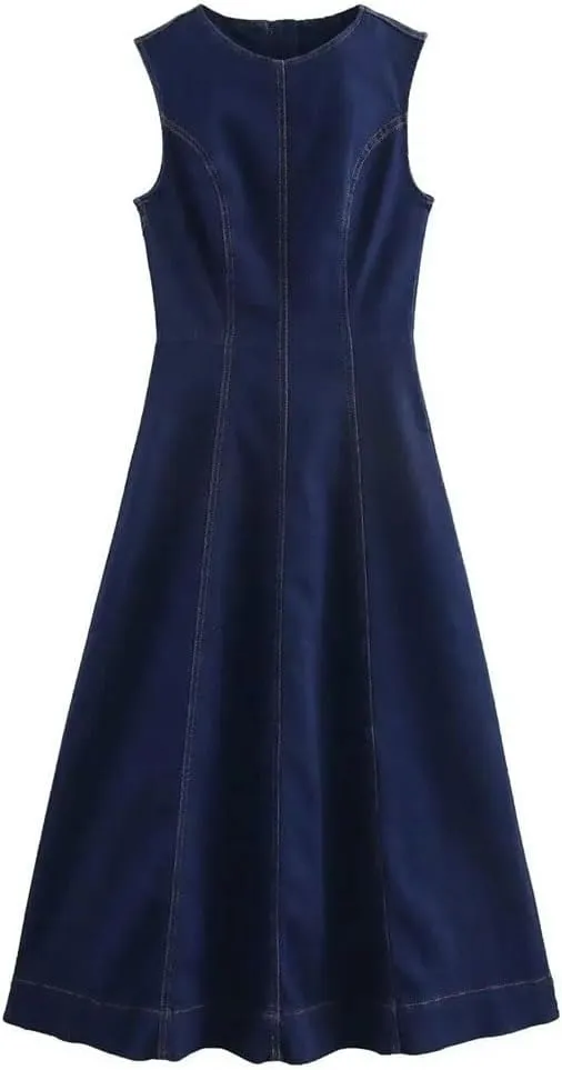 Women's Denim Slim French Sleeveless Round Neck Office Club Party Dress