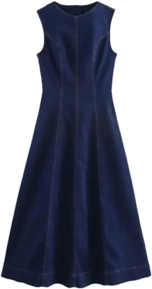 Women's Denim Slim French Sleeveless Round Neck Office Club Party Dress
